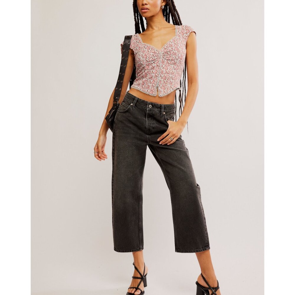 Free People Faye Floral Top-Gray Combo Size L - Picture 5 of 7